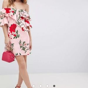 ASOS floral ruffle shift off shoulder mini dress